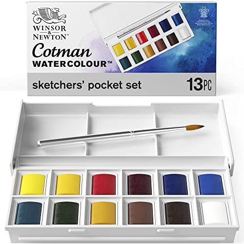 Winsor & Newton Cotman Watercolor Paint Set, Sketchers' Pocket Set, 12 Half Pan w/ Brush