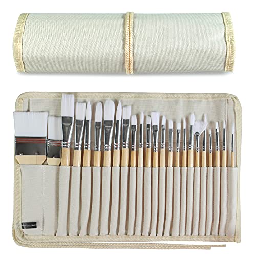 Paint Brushes Set of 24 Pieces Wooden Handles Brushes with Canvas Brush Case, Professional for Oil, Acrylic and Watercolor Painting